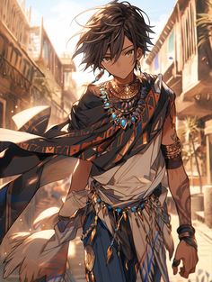 an anime character is walking down the street with his scarf around his neck and head