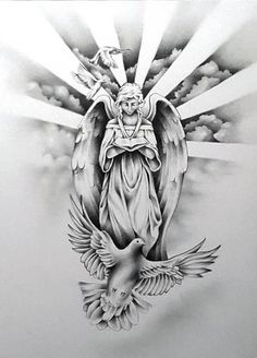 a drawing of an angel with doves and sun rays coming out of its wings