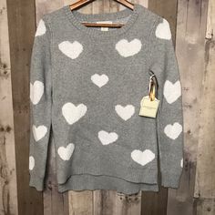 Christian Siriano Heart Sweater Nwt Size Xs Super Cute Grey And White Heart Sweater Nice Material And Quality Perfect For Valentine’s Day!! White Casual Sweater With Heart Print, Casual White Sweater With Heart Print, Casual White Heart Print Sweater, Fitted Winter Top With Heart Print, Winter White Tops With Heart Print, Fitted Heart Print Sweater For Fall, White Heart Print Tops For Winter, Winter White Tops With Heart Graphic, White Tops With Heart Graphic For Winter