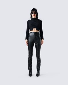 An all-black fit always hits 🖤 Bring some edge to your everyday look with this black sweater knit top and straight-leg faux leather pant set. Classy, sleek, and sexy - all wrapped in one 🔥 Classy Leather Pants, Fuzzy Skirt, Leather Pants Black, Denim Pleated Skirt, White Corset Dress, Red Mini Skirt, Chain Dress, Flare Jumpsuit, Black Leather Pants