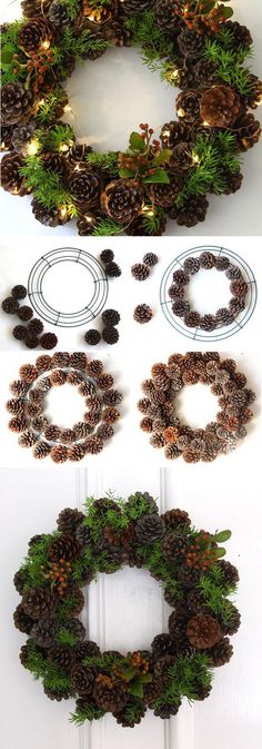 pine cones and wreaths are arranged in different ways to decorate the front door for christmas