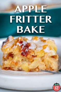 an apple fritter bake on a white plate with the title above it