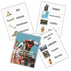 four different pictures with words in spanish and english, including an image of native americans