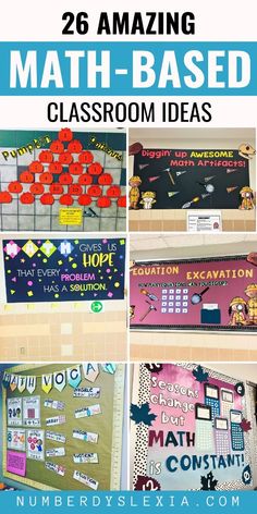 several classroom bulletin boards with the words math - based on them and pictures of different types of