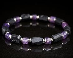 Raw Black Tourmaline Amethyst stretch bracelet. Men's Genuine untreated rough black tourmaline Amethyst stainless steel bracelet Black Amethyst Gemstone Bracelets, Black Amethyst Gemstone Bracelet, Selenite Necklace, Black Tourmaline Bracelet, Raw Black Tourmaline, Spiritual Necklace, Tourmaline Bracelet, Sterling Silver Drop Earrings, Long Drop Earrings