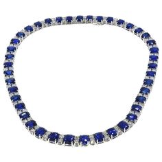 18kt White Gold 59.31ct Sapphire, 17.13ct Diamonds CGL Certified Most beautiful Sapphire and diamond necklace (Also available to be bought as a set with matching bracelet and earrings) Sapphires: 42 Vivid blue, Cushion shape, Ceylon Sapphire stones, together 59.31 Carat in total. Variety of corundum of natural origin, indications of heating. Diamonds: Brilliant cut diamonds Together approx 17.13 Carat. Material: 18kt White gold. Comes with Carat Gem Lab certificate. Diamond And Sapphire Necklace, Blue Sapphire Jewelry, Sapphire Stones, Diamonds Necklace, White Gold Necklace, Gold Armband, Ceylon Sapphire, Expensive Jewelry, White Gold Necklaces