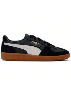 PUMA 
Black Palermo Leather Sneakers 
Low-top suede and grained faux-leather sneakers in black. 
. Lace-up closure 
. Logo embossed at tongue 
. Padded collar 
. Logo flag at outer side 
. Suede formstrip at sides 
. Logo stamp at heel tab 
. Buffed faux-leather lining 
. Logo embossed at textured rubber midsole 
. Treaded rubber sole 
Supplier color: PUMA Black/Feather Gray/Gum 
Upper: leather, synthetic. Sole: rubber. 
Made in Viet Nam. 
242010M237028 
Black Palermo Leather Sneakers Default Leather Sneakers Men, Casual Athletic Shoes, Sneakers Puma, Casual Athletic, Logo Stamp, Outdoor Shoes, Kids Beachwear, Palermo, Leather Sneakers