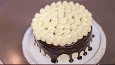 a chocolate cake with white frosting on a plate