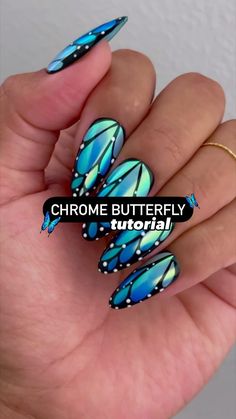 Blue Nails Ideas Butterfly, Rainbow Butterfly Nails, Butterfly Chrome Nails, Chrome Butterfly Nails, Summer Nail Designs 2024, Chrome Spring Nails, Butterfly Wing Nails, Natural Nail Designs