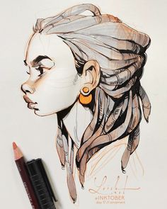 a drawing of a woman's head with braids and earrings on her ear