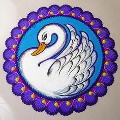 a drawing of a white swan in a blue circle with purple and yellow flowers around it