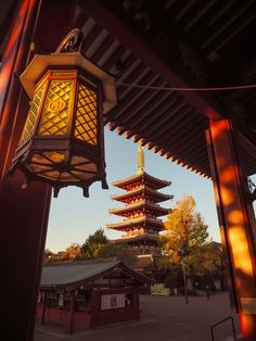 a tall pagoda is lit up in the evening