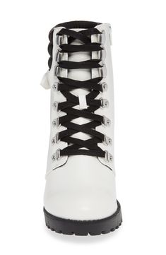 The tough silhouette of a combat-style boot set on a lugged sole and chunky heel gets a hiker-inspired update with durable laces cinched by polished D-hooks. 3" heel (size 8.5) 5" shaft Lace-up style with side-zip closure Lightly cushioned footbed Synthetic upper, lining and sole Imported BP. Shoes Trendy White Lace-up Moto Boots, White High-top Lace-up Boots, Trendy Lace-up Combat Boots For Outdoor, Trendy White Lace-up Boots With Lug Sole, Lace-up Combat Boots With Lug Sole For Spring, Spring Lace-up Combat Boots With Lug Sole, Trendy Lace-up Boots With Lug Sole, Trendy High-top Combat Boots With Lace-up Fastening, Trendy Lace-up Combat Boots With Chunky Platform