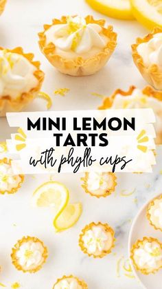 mini lemon tarts with pistachio cups on a marble countertop and text overlay that reads, mini lemon tarts with pistachio cups