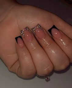 Black French Tip Nails With Gems Rhinestones, Shortie French Tip Nails, Short Boujee Acrylic Nails, Short Nails Cute Design, Simple Latina Nails, Hard Nails Short, Black French Tip Nails With Diamonds, Overlay Design Nails, Xs Nails Designs Short