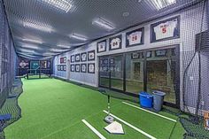 an indoor batting cage with pictures on the wall and green grass in front of it