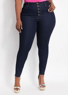 Five Button High Rise Skinny Jean Fitted Mid-rise Jeggings With Button Closure, High Waist Fitted Jeggings With Button Closure, High Rise Stretch Jeggings With Button Closure, Stretch High Rise Jeggings With Button Closure, Plus Size Trendy, Post Baby, Ashley Stewart, Line Store, Contrast Stitch