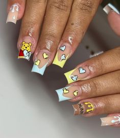 Shower Nails, Disneyland Nails, Bears Nails, Acrylic Nail Shapes, Sunflower Nails, Acrylic Toe Nails, Summer Toe Nails, Colored Acrylic, Colored Acrylic Nails