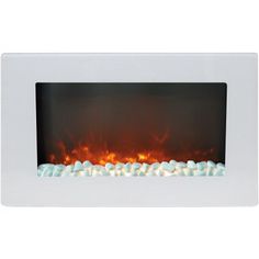 a white wall mounted electric fireplace with rocks on the bottom and flames coming out from it