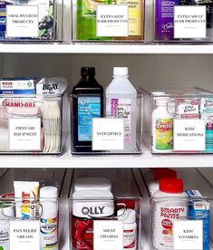 the shelves are filled with different types of cleaning products and household care products in plastic containers