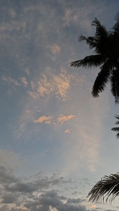 the sun is setting behind some palm trees and there are clouds in the sky above