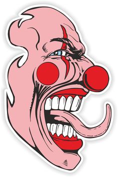 a pink clown face with red nose and teeth