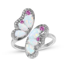 With whimsy and wonder, this butterfly bypass ring is just her creative style. Sterling silver Iridescent wings shimmer with pear-shaped and marquise-cut lab-created opals Twinkling pink and white lab-created sapphires surround the look in sparkle Adjustable Sterling Silver Butterfly Ring For Anniversary, Elegant Pink Opal Ring In Sterling Silver, Elegant Gift Opal Ring Marquise Shaped, Opal Butterfly Ring, Unique Nickel-free Sterling Silver Butterfly Ring, Gold Layered Bracelets, Neil Lane Engagement Rings, Iridescent Wings, Pearl Diamond Jewelry