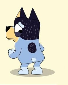 a cartoon dog wearing a blue shirt and black hat with his eyes closed, standing in front of a beige background