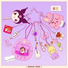 an assortment of cartoon keychains hanging on a purple background