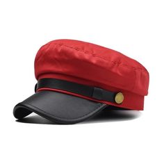 Polyurethane Leather Octagonal Hat with Large Buttons-Hats-Innovato Design-Red-Innovato Design Retro Red Party Hat, Red Retro Party Hat, Retro Red Flat Cap, Bailey Hats, Captain Cap, Women Artist, Flat Top Hat, Leather Beret, Navy Cap