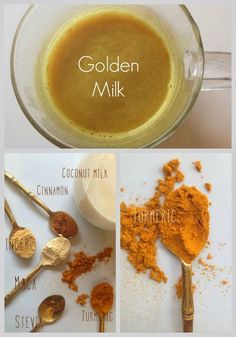 golden milk in a blender with spoons and spices