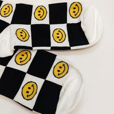 Combined cotton, spandex, polyester, polyurethane calf socks. Checkered pattern with alternating yellow smiley faces. One size fits women 7- 11 Fun Yellow Cotton Socks, Smiley Face Clothing, Smiley Face Gifts, Smiley Socks, Yellow Smiley Face, Fits Women, Smiley Faces, Face Cloth, Calf Socks