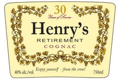 the label for henry's retirement cognac is shown in yellow and black