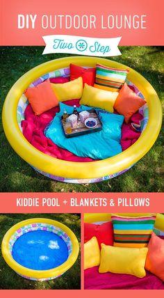 an inflatable pool with lots of pillows on it and some other things inside