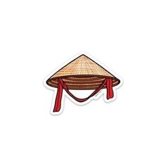 a sticker with a red ribbon around it and a straw hat on the top