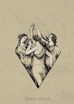 three women are dancing together in the middle of a diamond shaped drawing on a piece of paper