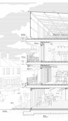 an architectural drawing shows the interior and exterior of a building with multiple levels, including two floors