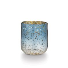 a blue vase with gold speckles on it