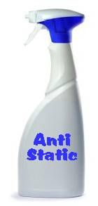 an anti - static spray bottle with the words anti - static in blue on it