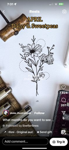 an iphone screen with the text appli daisy and sweet peas on it, next to other items