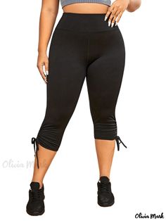 Olivia Mark - High Stretch Plus Size Sports Capri Pants - Womens Solid Lace Up Skinny Running Leggings Stretch Workout Pants With Drawstring, Stretch Activewear With Drawstring For Jogging, Stretch Activewear With Drawstring For Yoga, Casual High Stretch Moisture-wicking Capris, Black Knee-length Athleisure Activewear, Casual Compression Capris For Workout, High Stretch Casual Gym Capris, Casual High Stretch Workout Capris, High Stretch Casual Capris For Gym