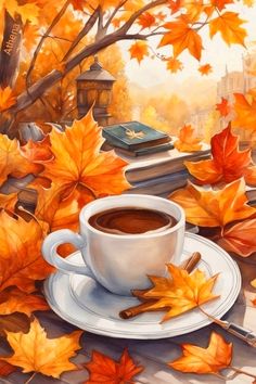 a painting of a cup of coffee on a saucer with autumn leaves surrounding it