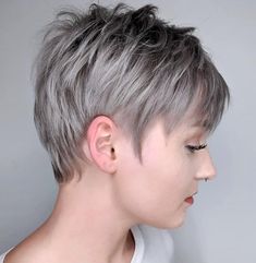 Short Gray Silver Balayage Hair Pixie Hair Color Ideas, Silver Hair Ideas, Class Nails, Silvery Blonde Hair, Silver Hair Short, Utility Aesthetic, Dark Silver Hair, Silver Hair Shampoo, Grey Transition