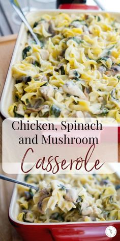 chicken spinach and mushroom casserole in a red dish