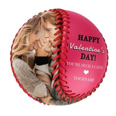 a pink softball with a photo of a couple kissing on the inside and texting happy valentine's day you're such catch your name