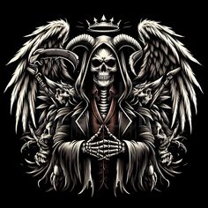 a skeleton with wings and a crown on it's head sitting in front of a black