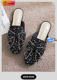 Bow Rhinestone Soft-sole Mules Apricot, Pink And Green, Heels, Green, Pink, Black, Color