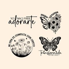 four different logos with flowers and butterflies