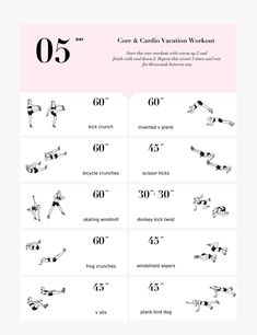 the cardio variations workout manual is shown in black and white, with pink background