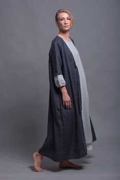 "🌿 ITEM DESCRIPTION Long and loose fitting linen coat dress URSA. Fabric: 100% pure linen in medium weight - washed and softened. Color: Big color choice - 31 colors from the color chart (please see the pics) All SHĀNTIMA linen items come in a beautiful wrap, which makes them not only a lovely purchase but also a cool gift. 🌿 SIZING Petit, Regular, Plus Size - all our clothes come in sizes XS-3XL The model (5'9'', 174cm) is wearing size S. Length to the hem (Size S): 51\" / 130 cm. If you need Oversized Linen Kaftan For Spring, Spring Linen Long Sleeve Kaftan, Spring Daywear Abaya, Plus Size Medieval, Pixie Skirt, Loose Jacket, Linen Coat, Fifties Fashion, Older Women Fashion